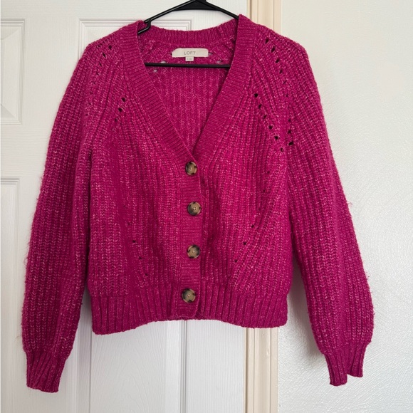 LOFT Sweaters - LOFT Fuchsia Button-Front Chunky Knit Cardigan